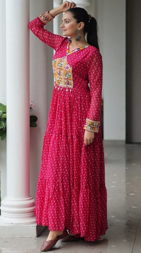 Striking Pink Color Bandhani Fabric Gown