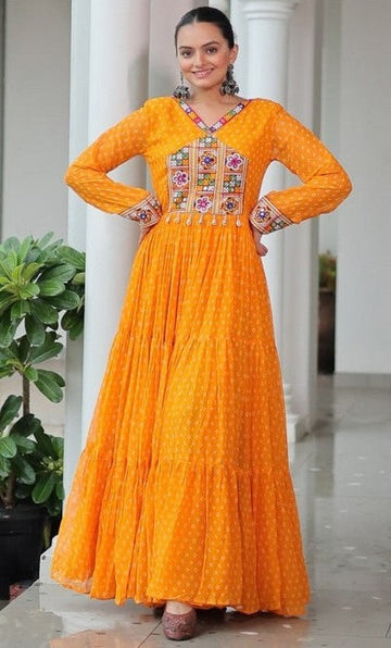 Striking Yellow Color Bandhani Fabric Gown