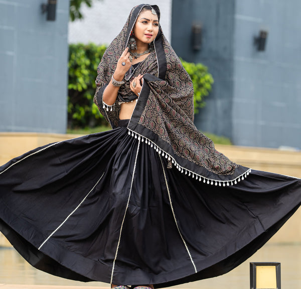Amazing Black Color Cotton Fabric Party Wear Lehenga