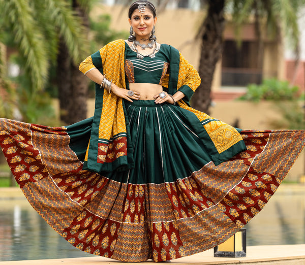 Amazing Green Color Cotton Fabric Party Wear Lehenga