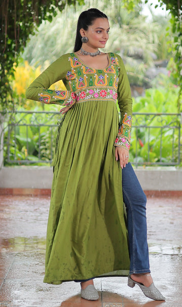 Striking Green Color Rayon Fabric Gown
