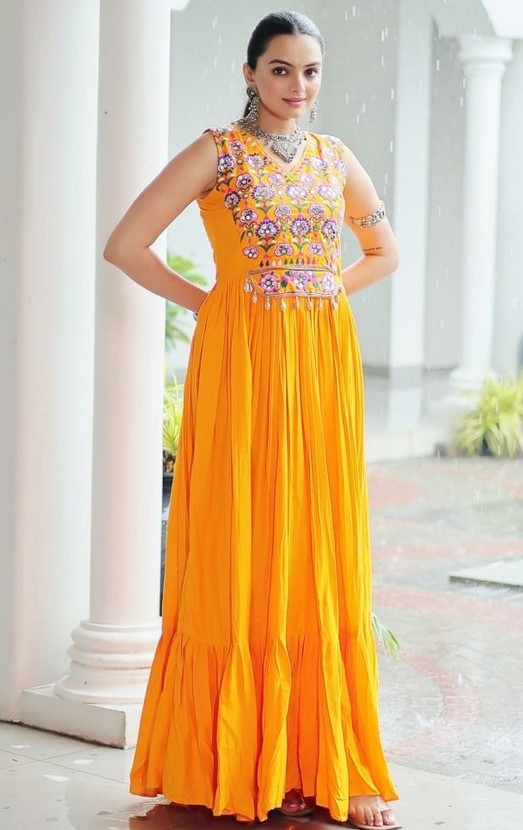 Striking Yellow Color Rayon Fabric Gown