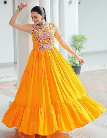 Striking Yellow Color Rayon Fabric Gown