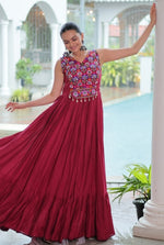 Striking Maroon Color Rayon Fabric Gown