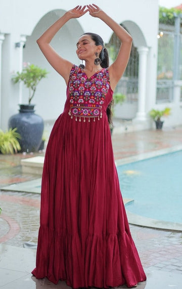 Striking Maroon Color Rayon Fabric Gown