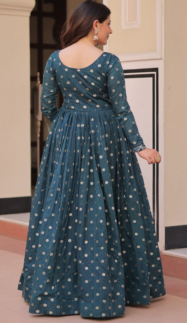 Dazzling Teal Color Jacquard Fabric Gown