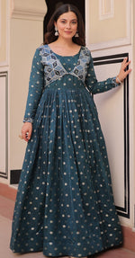Dazzling Teal Color Jacquard Fabric Gown