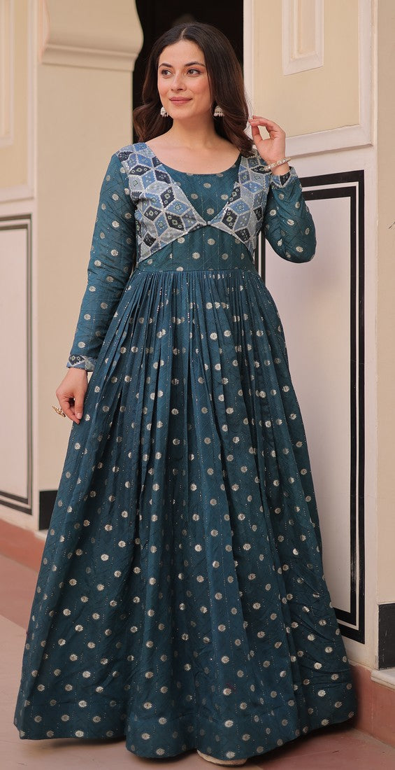 Dazzling Teal Color Jacquard Fabric Gown
