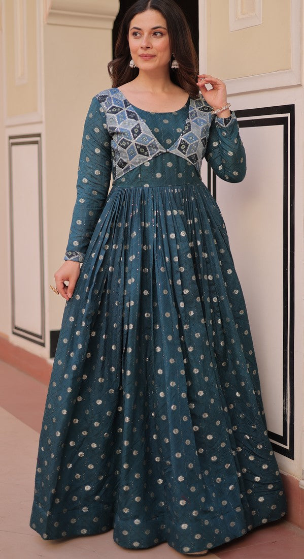Dazzling Teal Color Jacquard Fabric Gown