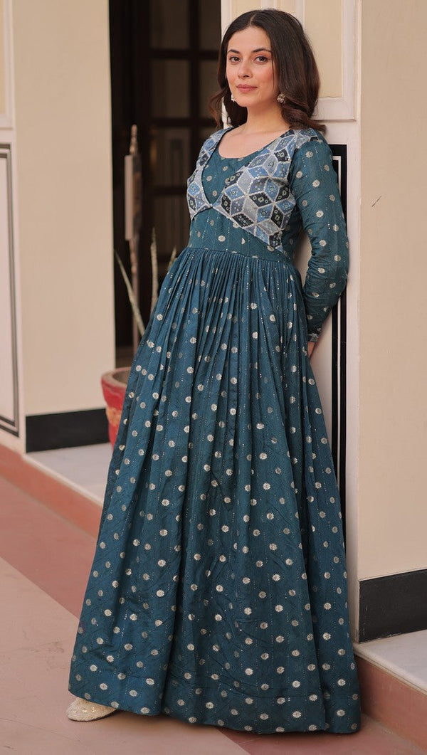 Dazzling Teal Color Jacquard Fabric Gown