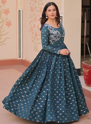 Dazzling Teal Color Jacquard Fabric Gown
