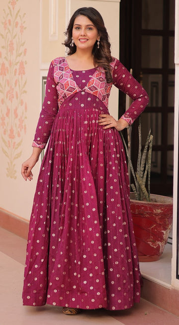 Dazzling Pink Color Jacquard Fabric Gown
