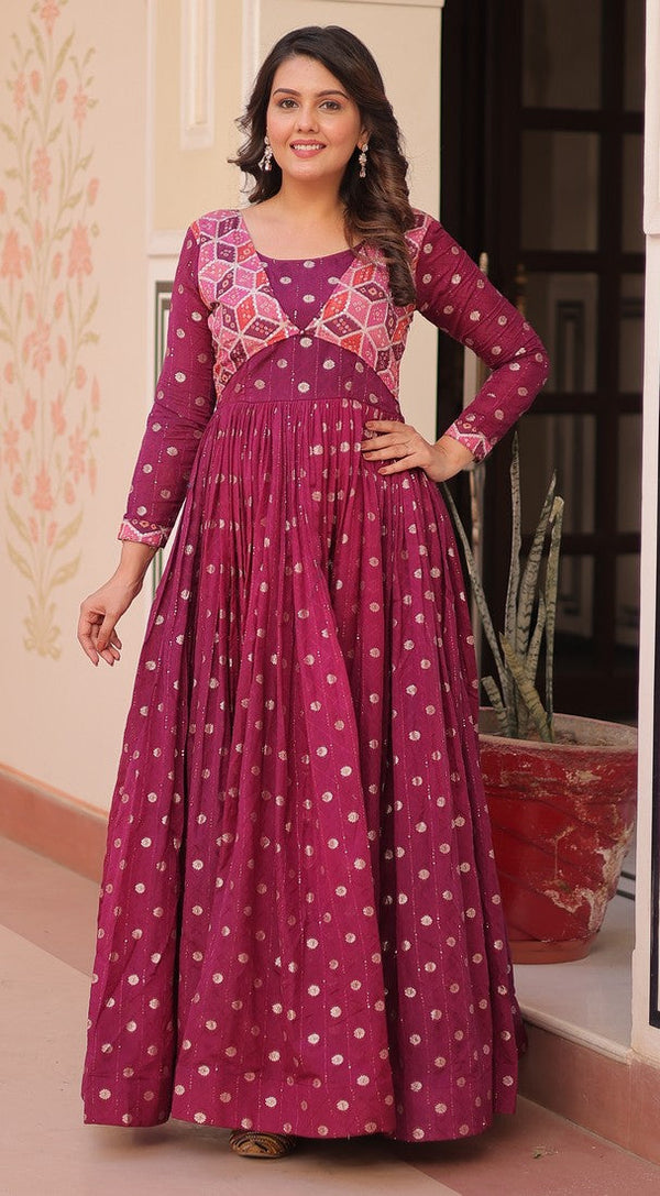 Dazzling Pink Color Jacquard Fabric Gown