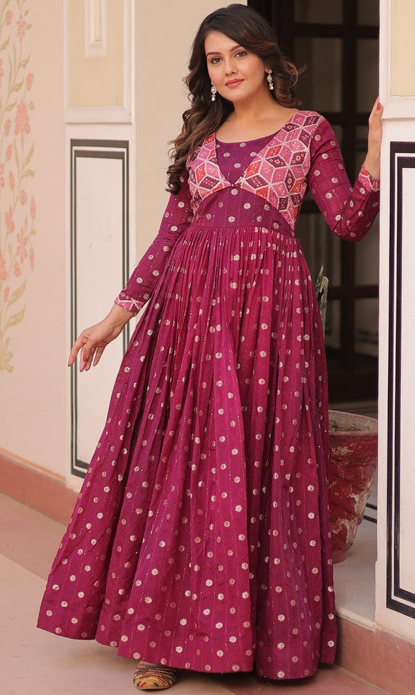 Dazzling Pink Color Jacquard Fabric Gown
