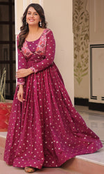 Dazzling Pink Color Jacquard Fabric Gown