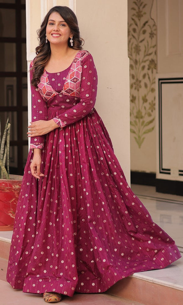 Dazzling Pink Color Jacquard Fabric Gown
