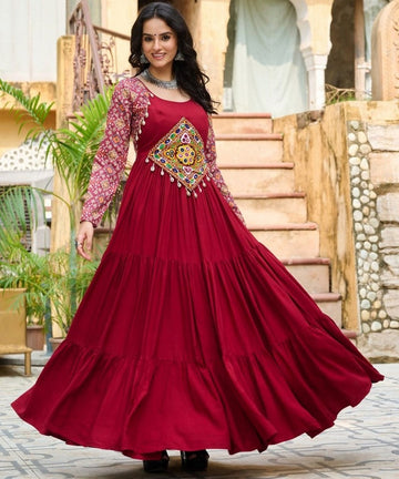Dazzling Maroon Color Jacquard Fabric Gown