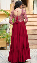Dazzling Maroon Color Jacquard Fabric Gown