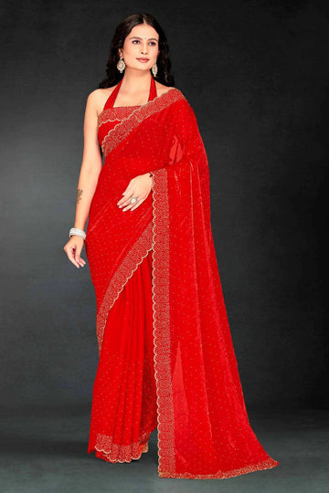Amazing Red Color Silk Fabric Designer Saree
