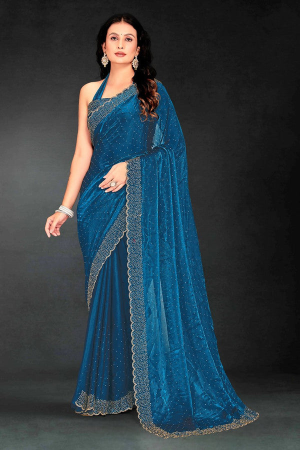 Amazing Teal Color Silk Fabric Designer Saree