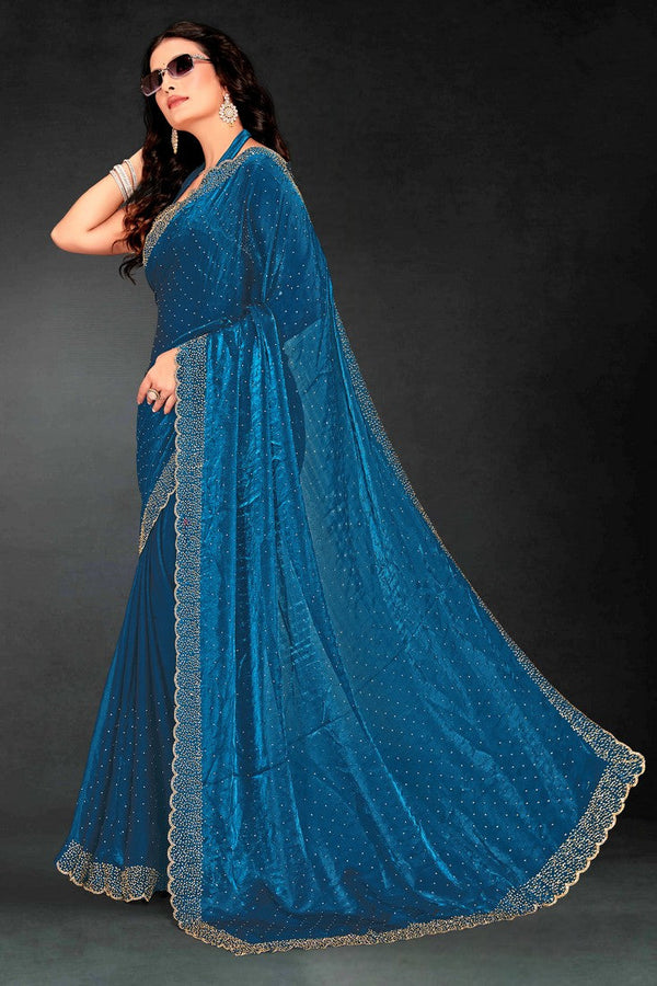 Amazing Teal Color Silk Fabric Designer Saree