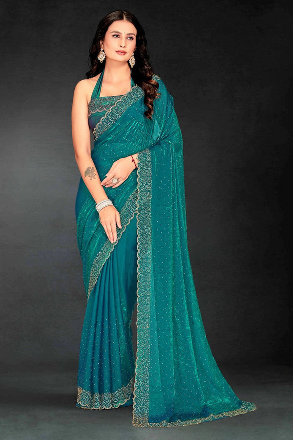 Amazing Teal Color Silk Fabric Designer Saree