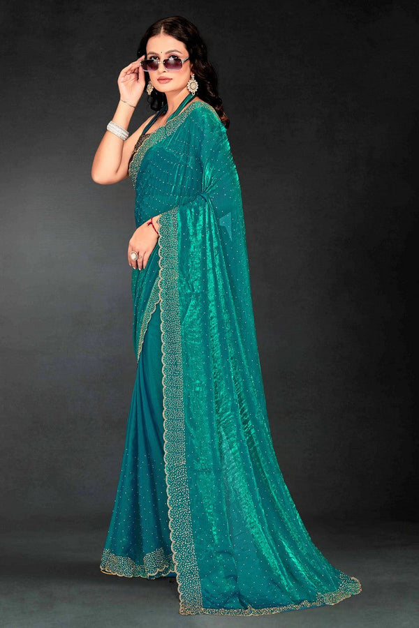 Amazing Teal Color Silk Fabric Designer Saree