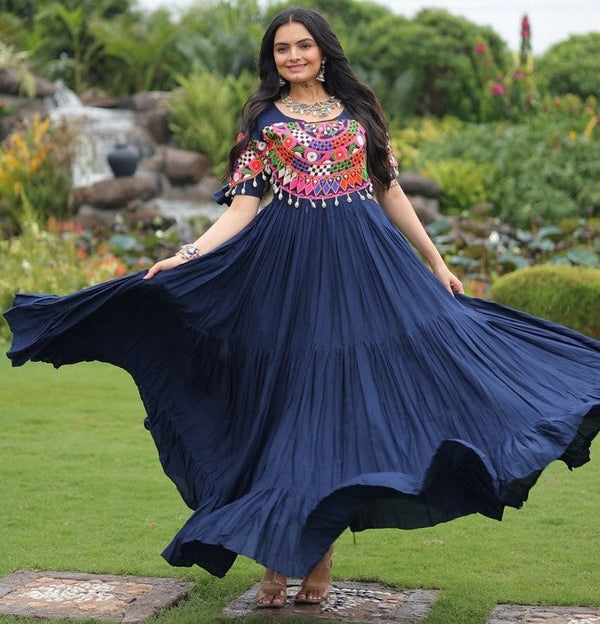 Dazzling Navy Blue Color Rayon Fabric Gown