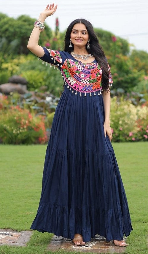 Dazzling Navy Blue Color Rayon Fabric Gown