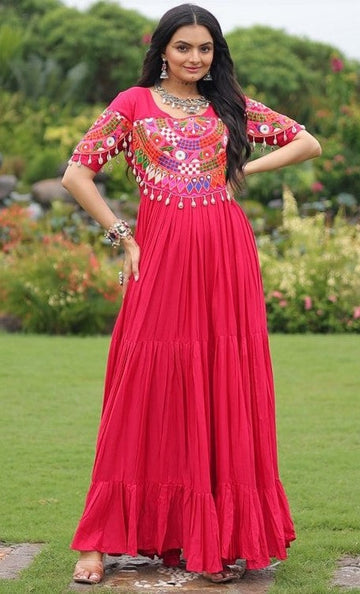 Dazzling Pink Color Rayon Fabric Gown