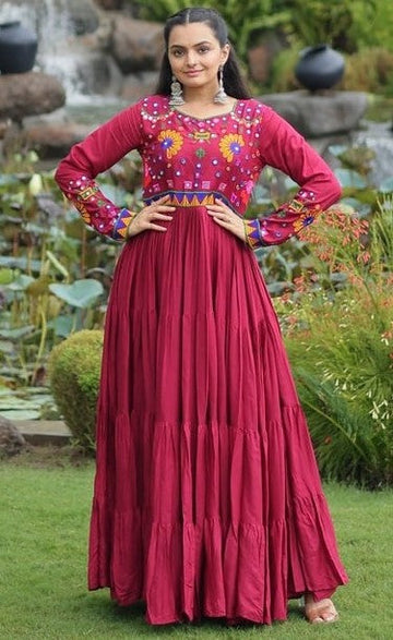 Dazzling Maroon Color Rayon Fabric Gown