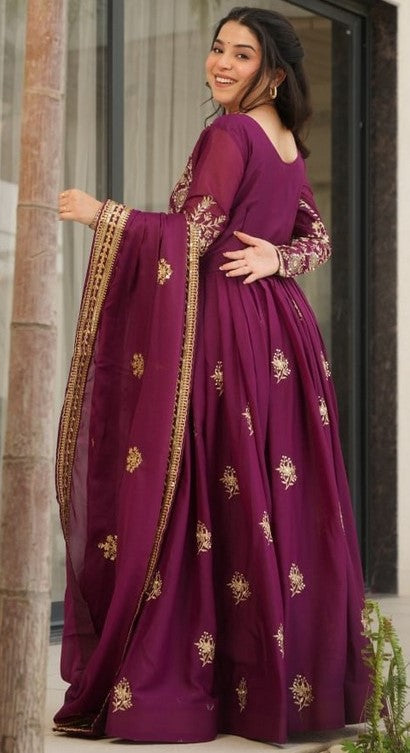 Dazzling Wine Color Georgette Fabric Gown