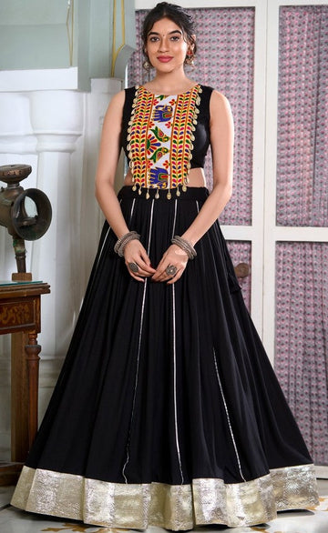 Amazing Black Color Rayon Fabric Party Wear Lehenga