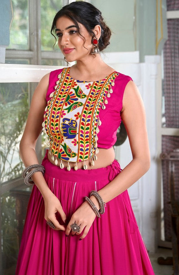 Amazing Pink Color Rayon Fabric Party Wear Lehenga