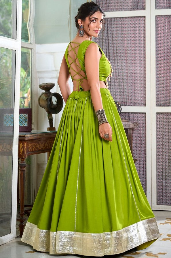 Amazing Green Color Rayon Fabric Party Wear Lehenga