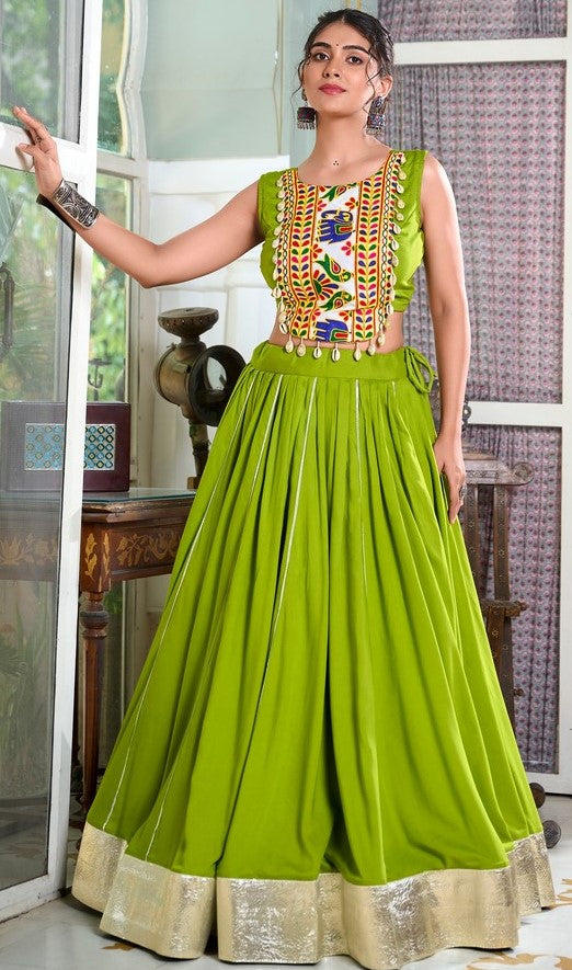 Amazing Green Color Rayon Fabric Party Wear Lehenga