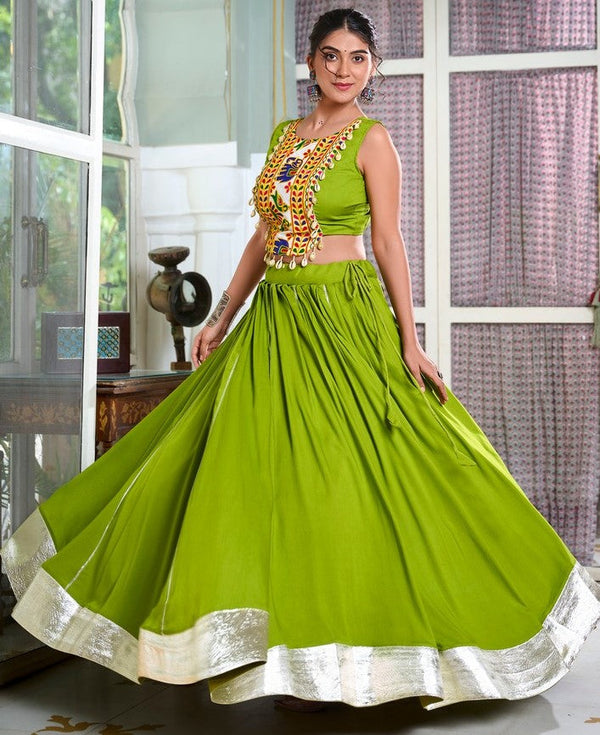 Amazing Green Color Rayon Fabric Party Wear Lehenga
