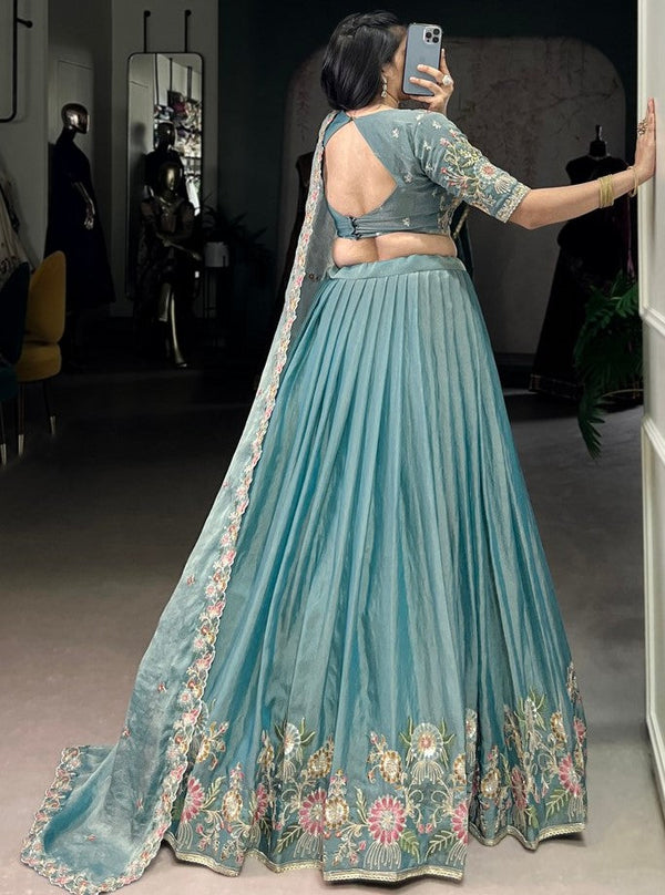 Amazing Aqua Color Shimmer Fabric Party Wear Lehenga