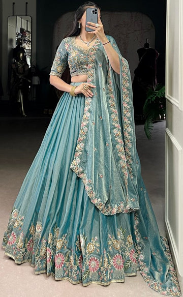 Amazing Aqua Color Shimmer Fabric Party Wear Lehenga