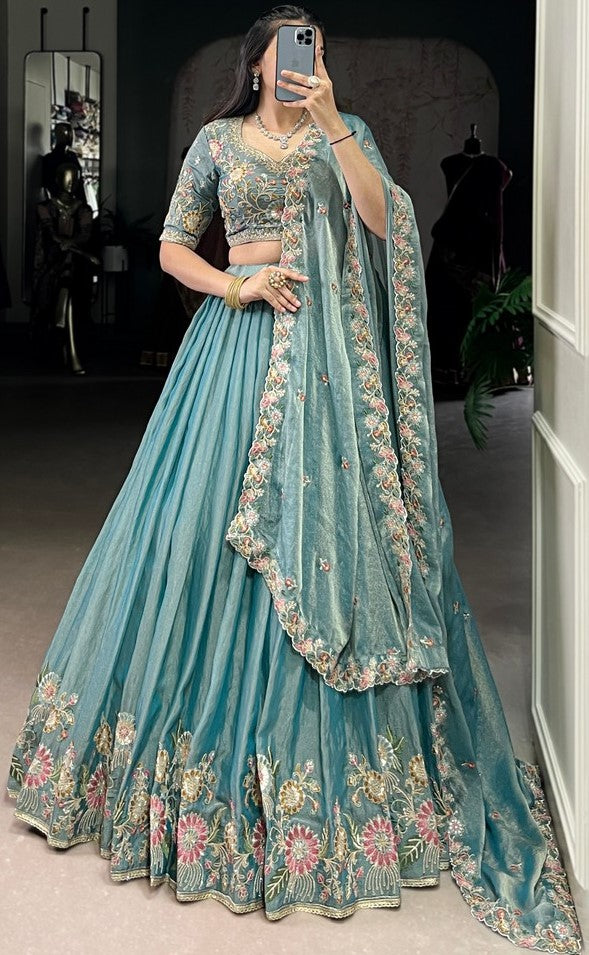 Amazing Aqua Color Shimmer Fabric Party Wear Lehenga