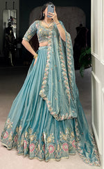 Amazing Aqua Color Shimmer Fabric Party Wear Lehenga