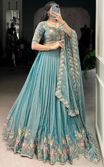 Amazing Aqua Color Shimmer Fabric Party Wear Lehenga
