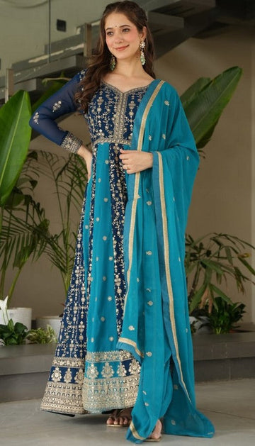 Dazzling Teal Color Blooming Fabric Gown