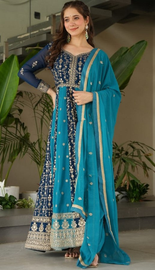 Dazzling Teal Color Blooming Fabric Gown