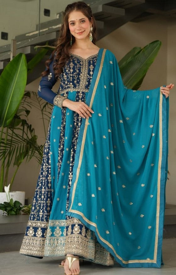Dazzling Teal Color Blooming Fabric Gown
