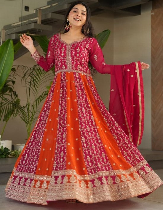 Dazzling Red Color Blooming Fabric Gown