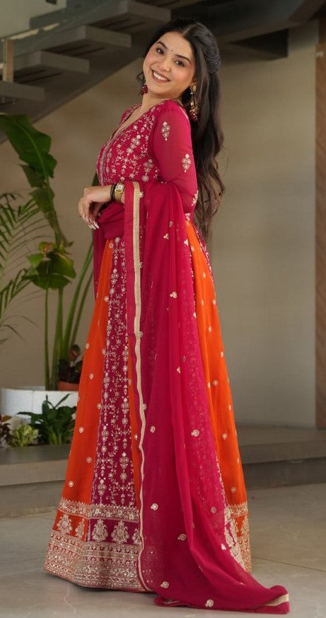 Dazzling Red Color Blooming Fabric Gown
