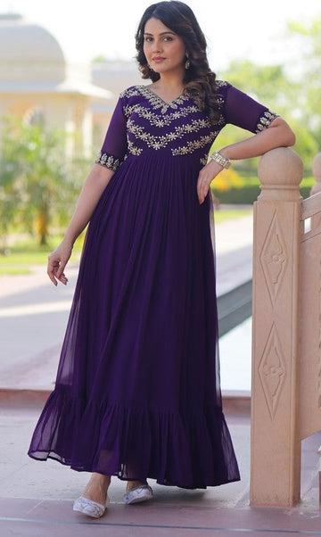 Dazzling Purple Color Blooming Fabric Gown