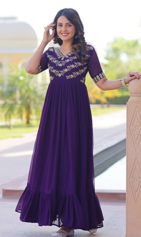 Dazzling Purple Color Blooming Fabric Gown