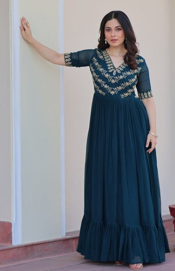 Dazzling Teal Color Blooming Fabric Gown